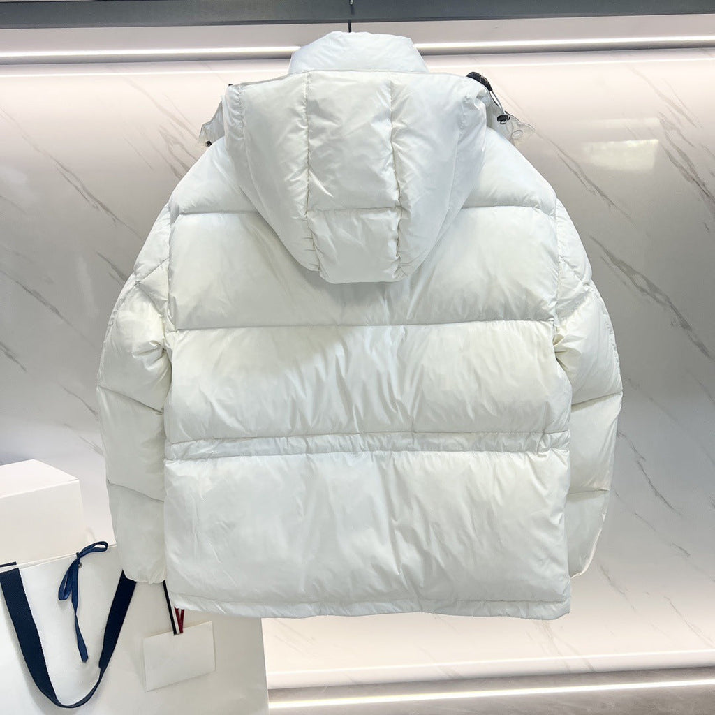 White puffer jacket with the letter P