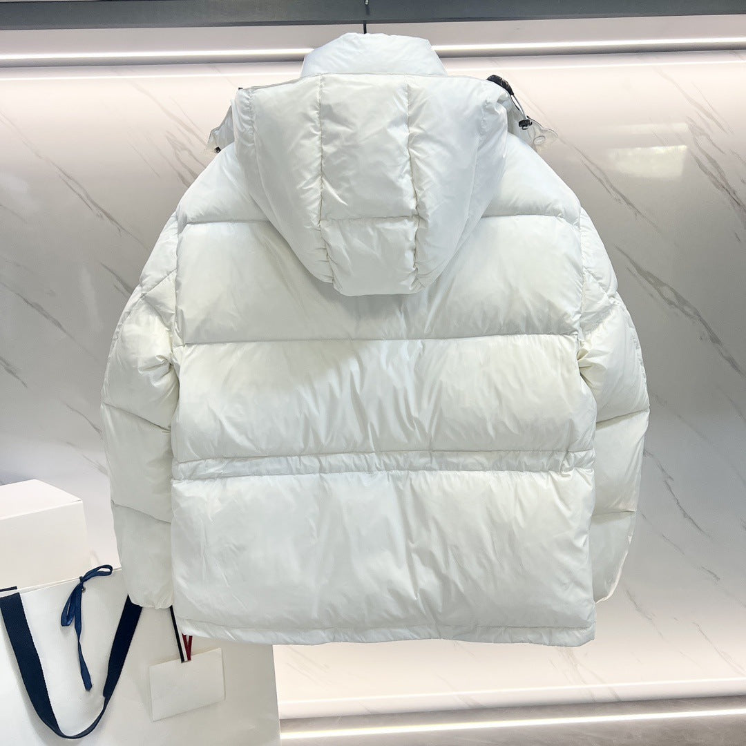 White puffer jacket with the letter P