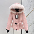 Winter jacket with belt and fur trim