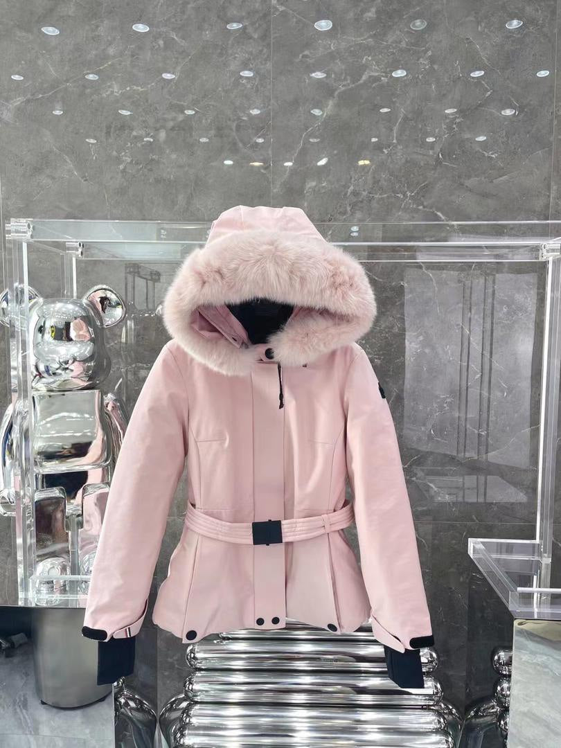 Winter jacket with belt and fur trim
