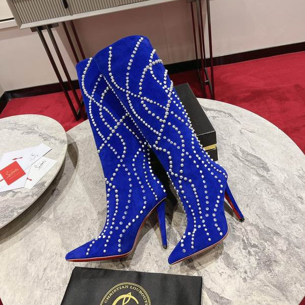 Women's blue suede stiletto boots with crystal embellishments