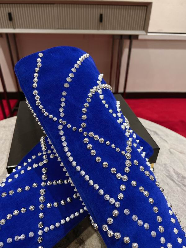 Women's blue suede stiletto boots with crystal embellishments