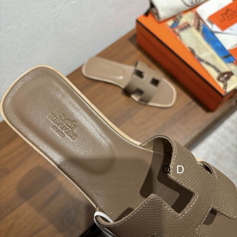 Leather Slip-on Sandals Khaki