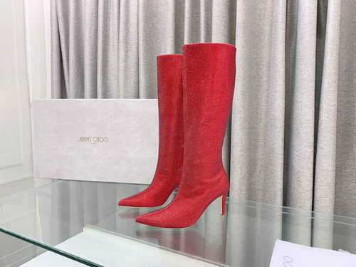 Damen Kniehohe Stiefel mit roten Kristallen