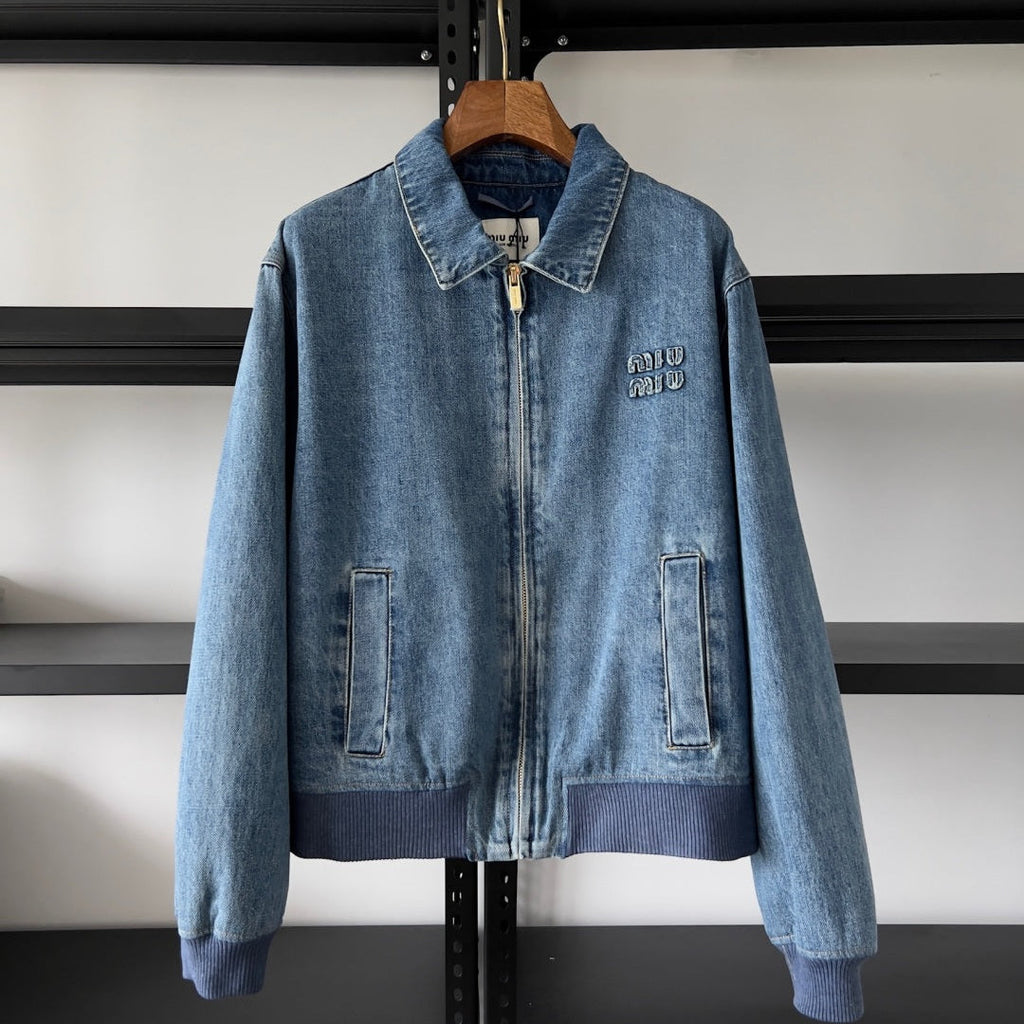 Embroidered washed denim jacket