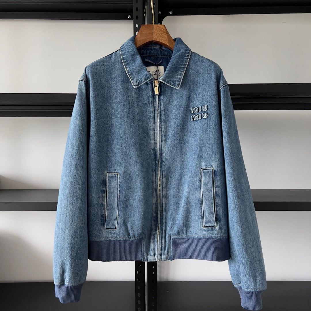 Embroidered washed denim jacket