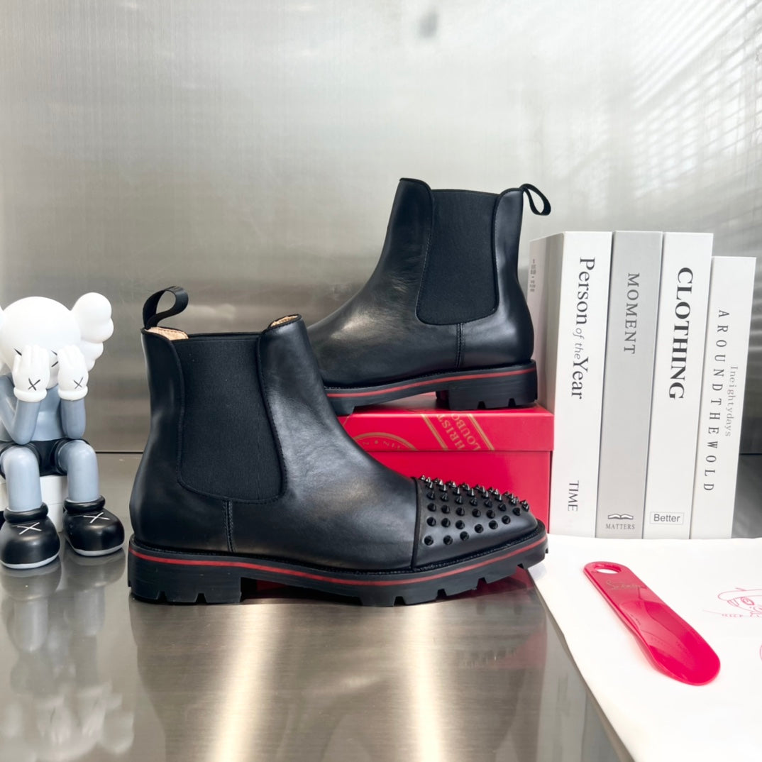 Black cowhide boots with front studs