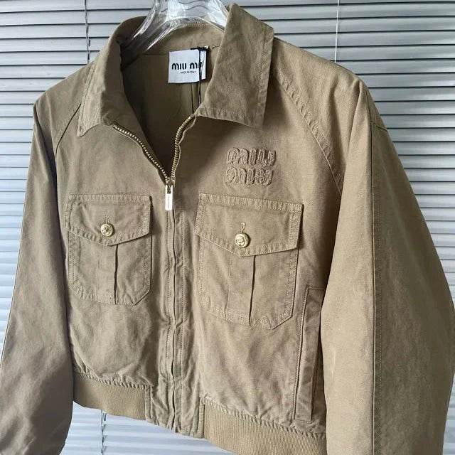 Khaki unisex zip-up jacket