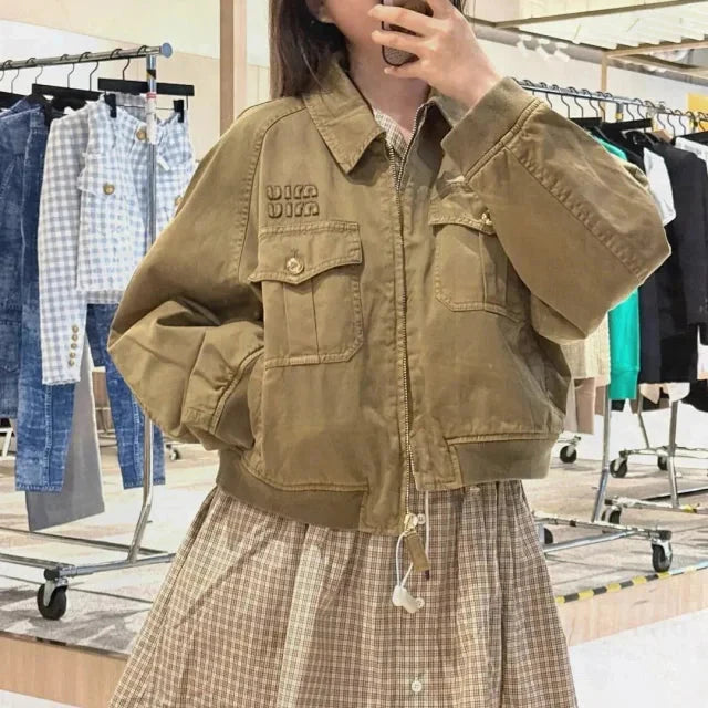 Khaki unisex zip-up jacket